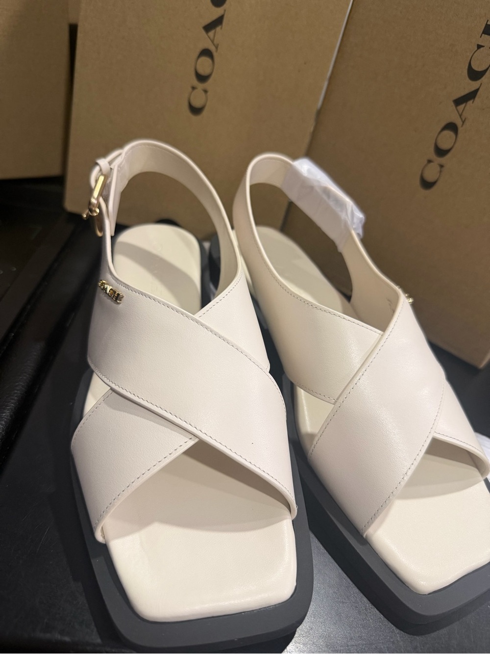 Coach Chalk Leather Crisscross Slide Sandals with Gold Logo CAP62 size 7.5 B - Picture 2 of 16